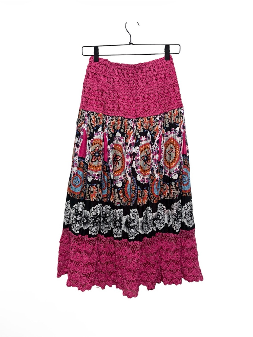 Bohemian Pink Crochet-Trim Maxi Skirt